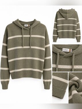 C&C CALIFORNIA | Linen Olive & White Striped Knit Hoodie Sweater